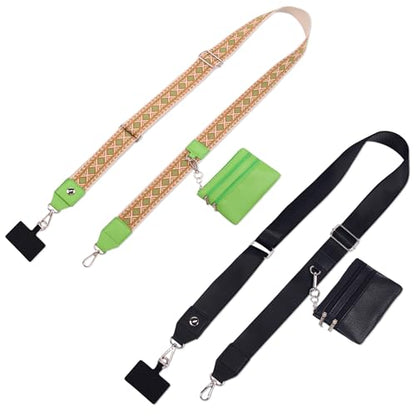 2pcs Clip and Go Strap for Phone with Wallet Crossbody Strap with Pouch - color: Green+black