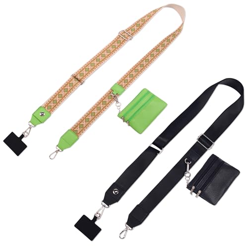 2pcs Clip and Go Strap for Phone with Wallet Crossbody Strap with Pouch - color: Green+black