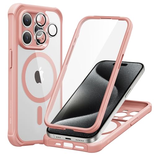 ESR for iPhone 15 Pro Max Case, Compatible with MagSafe, Full-Body Military-Grade Drop Proof Case with Built-in 9H+ Tempered Glass Screen Protector, Armor Series, Clear Pink | Compatible with MagSafe, with Camera Lens Protector, Military-Grade Drop Protec