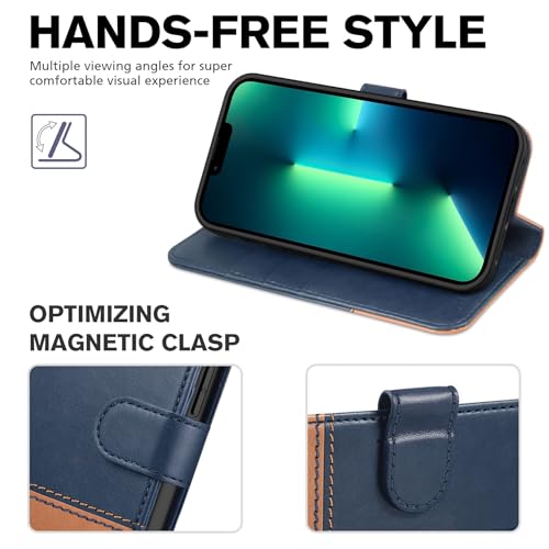 TUCCH Case Wallet for iPhone 13 Pro 6.1", RFID Blocking Folio, Blue & Brown | 3 Card Holders, Kickstand, PU Leather, Magnetic Closure, Shockproof TPU Shell, Protective Flip Cover - color: Dark Blue & Brown