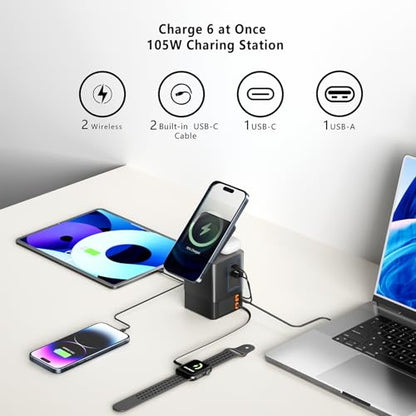 105W Retractable Charging Station, 6-in-1 GaN Charger with Dual 65W Cables