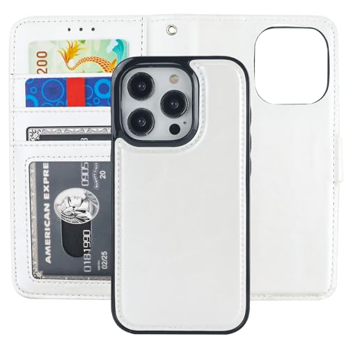 Bocasal Detachable Wallet Case Card Holder for iPhone 15 Pro, White | RFID Blocking Kickstand Card Slots Holder PU Leather Magnetic Shockproof Wrist Strap Removable Flip Protective Cover 6.1 inch - color: White