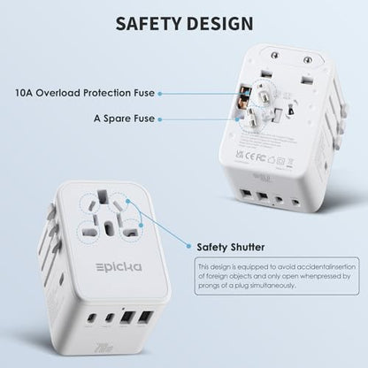 Epicka 70W GaN PD Universal Travel Adapter, 3USB-C/2USB-A - style: 70W-5USB(3 USB-C) White