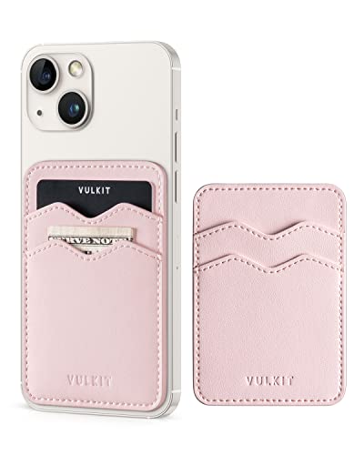 VULKIT Stick on Card Holder Compatible for iphone Leather Cell Phone Wallet Credit Card Case Strong Sticker for Women - color: Pink