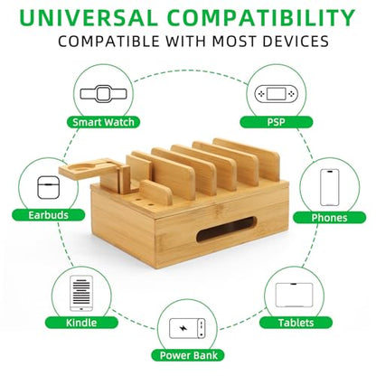 Bamboo Charging Station with Watch Stand, Desktop Charging Station Organizer, Wood Docking Station for Phones, Tablets, Watch, Earbuds (No Power Supply)