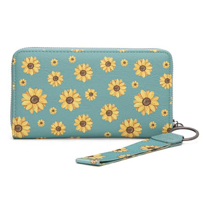 Wrangler Large Wristlet Wallet Women Daisy Wallets, Card Cases & Money Organizers Bifold Keychain Wallets Credit Card Phone Clutch Wallet Ladies Female with Smooth Zipper and ID Window - color: Daisy-Jeans Blue