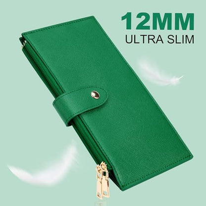 Travelambo RFID Wallet Women Large Size Bifold Multi Card Wallet Case with Zipper Pocke Credit Card Holder for Women - color: Green