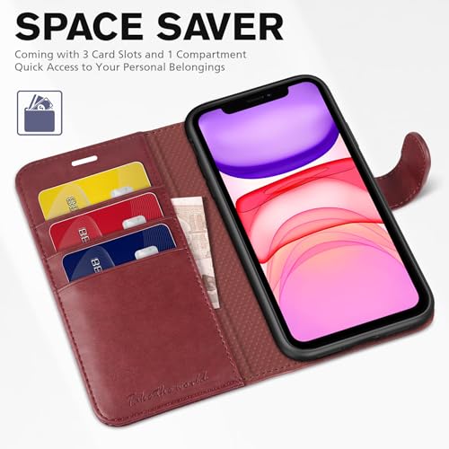 TUCCH Case Wallet for iPhone 11 (6.1") 2019, RFID Blocking Folio, Dark Red | 3 Card Holders, Kickstand, PU Leather, Magnetic Closure, Shockproof TPU Shell, Protective Flip Cover - color: Dark Red