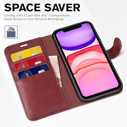 TUCCH Case Wallet for iPhone 11 (6.1") 2019, RFID Blocking Folio, Dark Red | 3 Card Holders, Kickstand, PU Leather, Magnetic Closure, Shockproof TPU Shell, Protective Flip Cover - color: Dark Red
