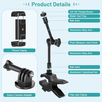 Phone Holder Jaw Flex Clamp Clip Mount,360°Adjustable Aluminium Alloy Arm Mount,Cellphone Clip Stand for Desk/Table/Post/Board,Compatible with 3.5~7.5" iPhone/HTC/LG/Huawei/Galaxy/Gopro Hero