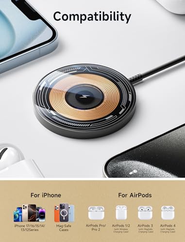 JSAUX Charger for iPhone 17 Magsafe Wireless Charging, Compatible with iPhone 17 Air Pro Max/16/15/14/13/12 Series, Magnetic Mag Safe Charging Pad, Aluminum Alloy, USB & USB C Dual Ports (Clear-Black) - color: Clear-Black