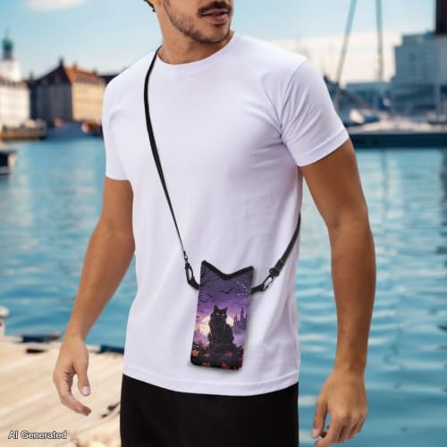Women Cross Body Phone Purse Neoprene Mobile Phone Bag with Adjustable Strap Lightweight Mini Smartphone Purse Travel Essentials for Phone, Keys, Black Cat Maple Leaf Bat Print Violet - color: Black Cat Maple Leaf Bat Print Violet