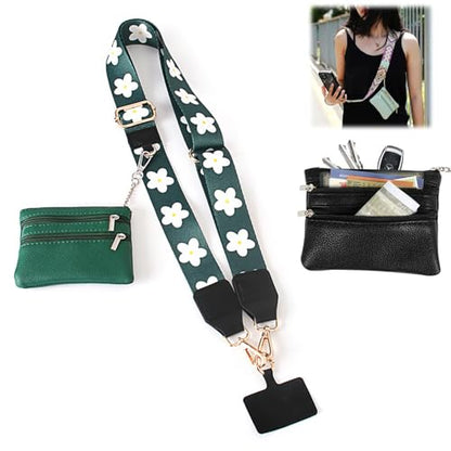Phone Strap With Zippered Pouch, Universal Lanyard Crossbody Wrist Strap With Wallet, Adjustable - color: Green A1