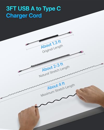 Coiled USB A to USB C Cable for Car, 3FT/5FT USB C Cable Fast Charging - color: Rose Red, size: 3FT/5FT, style: USB A to USB C