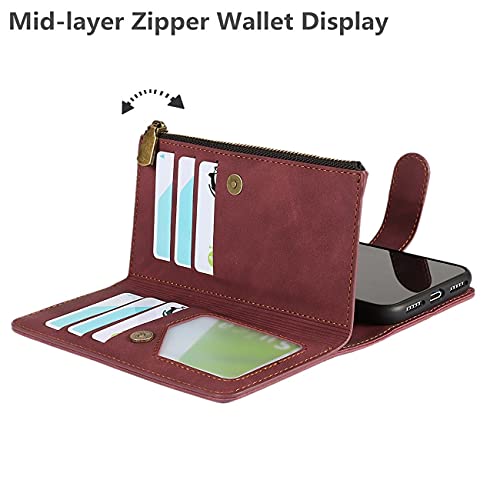 iCoverCase for iPhone X/XS Wallet Case with Card Holder and Wrist Strap, PU Leather Kickstand Card Slots Zipper Pocket Magnetic [Detachable] Flip Cover Case 5.8 Inch (Claret) - color: Claret