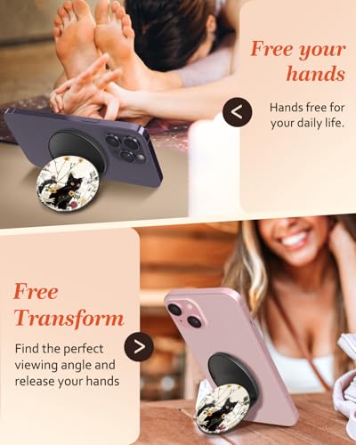Kidcube Magnetic Phone Grip Compatible with Magsafe - Cell Phone Grip Stand Magnetic Ring Holder Finger Kickstand for iPhone 17 16 15 14 13 12 Series Magnet Removable Accessories Cute Black Cat Flower