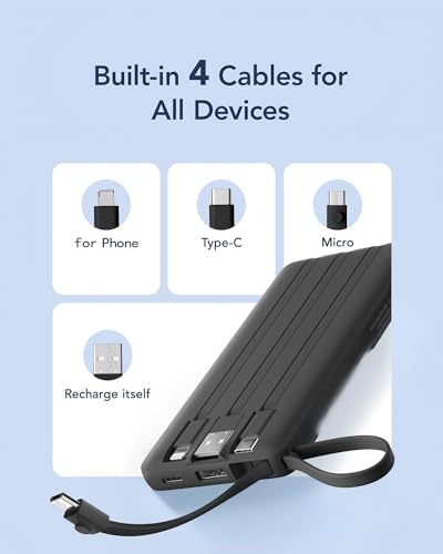 VRURC Portable Charger, Slim Power Bank Built-in 4 Cables, Travel Essential - color: Black