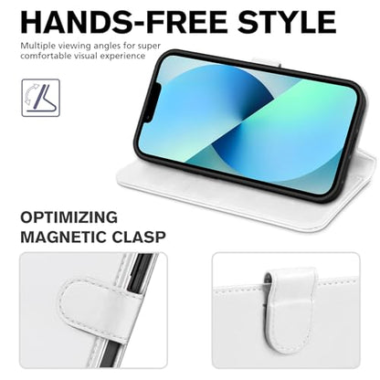 TUCCH Case Wallet for iPhone 13 (6.1") 2021, RFID Blocking Folio, White | 3 Card Holders, Kickstand, PU Leather, Magnetic Closure, Shockproof TPU Shell, Protective Flip Cover - color: White