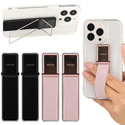 4 Pieces Phone Grip Strap Telescopic Phone Kickstand Elastic Finger Holer Hand Strap Adhesive Loop for Phone Grip with Stand Compatible with Most Smartphones (Black, Rose Gold) - color: Black, Rose Gold
