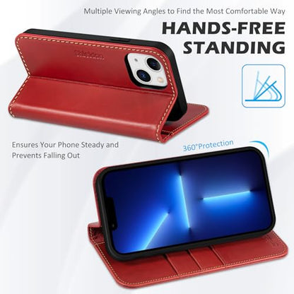 SHIELDON Genuine Leather Folio Wallet Case for iPhone 13 6.1", Retro Red | [RFID Blocking] Case Cover Card Slot Stand Function TPU Effective Protection Shockproof 2021 - color: Red - Retro