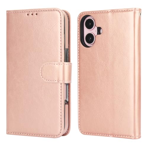 Bocasal Detachable Wallet Case Card Holder for iPhone 16, Rose Gold | RFID Blocking Kickstand Card Slots Holder PU Leather Magnetic Shockproof Wrist Strap Removable Flip Protective Cover 6.1 inch - color: Rose Gold