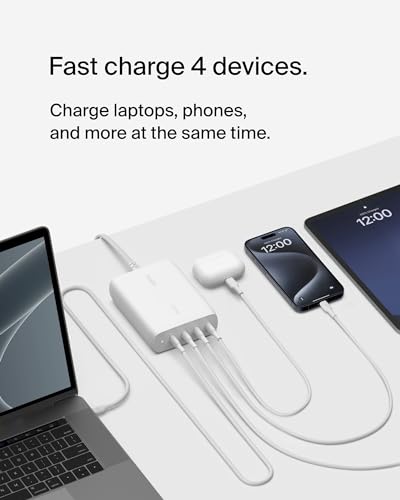 Belkin 200W 4-Port GaN USB C Charger Block, Fast Charging for MacBook - color: White