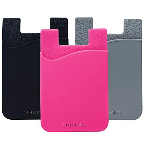 USA Merchant Card Holder for Back of Phone - Silicone Stick on Cell Phone Wallet for Credit Card, ID, Business Card - iPhone, Android and Most Smartphones - 3 Pack (Black,Pink,Grey) - color: Black, Grey & Pink