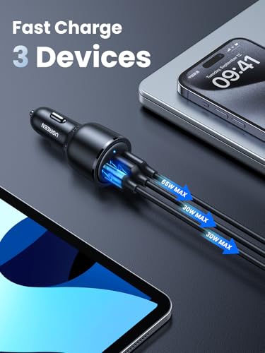 UGREEN 69W USB C Fast Car Charger PD QC 3.0 USB C Cigarette Lighter Charger 65W 45W 30W Compatible with MacBook Pro Air iPad Pro Steam Deck iPhone 15 Pro Max 14 13 Galaxy S24 S23 S22 Ultra Plus