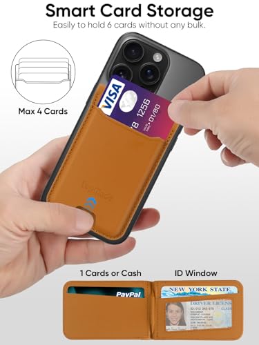 TopMade Phone Card Holder, Leather Phone Wallet Stick on with Stand, Open ID Window, Strongest 3M Adhesive Credit Card Holder for Back of Phone Case, iPhone, Samsung, and Android, Fit 6 Cards, Brown - color: Brown
