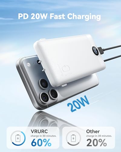 VRURC 10000mAh Portable Phone Charger, Built-in AC Plug & Cables, White - color: White