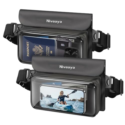 Niveaya IPX8 Floating Waterproof Fanny Pack Holds Phone, Passport & Cash | Large Capacity Touch Screen Adjustable Waist Strap for Kayaking, Paddle Boarding, Waterpark & Swimming Essentials - color: Translucent black&translucent black