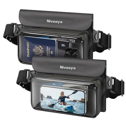 Niveaya IPX8 Floating Waterproof Fanny Pack Holds Phone, Passport & Cash | Large Capacity Touch Screen Adjustable Waist Strap for Kayaking, Paddle Boarding, Waterpark & Swimming Essentials - color: Translucent black&translucent black