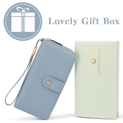 GAEKEAO RFID Leather Wristlet Wallet for Women with Grip Strap | Large capacity clutch wallet, credit card holder, wrist strap, zipper purse, travel and shopping - color: Blue