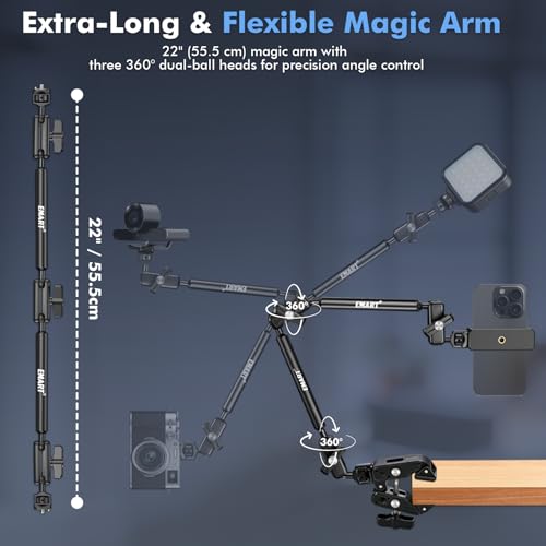 EMART 21" Magic Arm Clamp Kit with Super Clamp, 1/4" 3/8" Threads for ARRI, Flexible Camera Desk Mount, Adjustable Articulating Boom Arm for Webcam/Mic/Action Camera/Phone/Video Light - color: Super Clamp