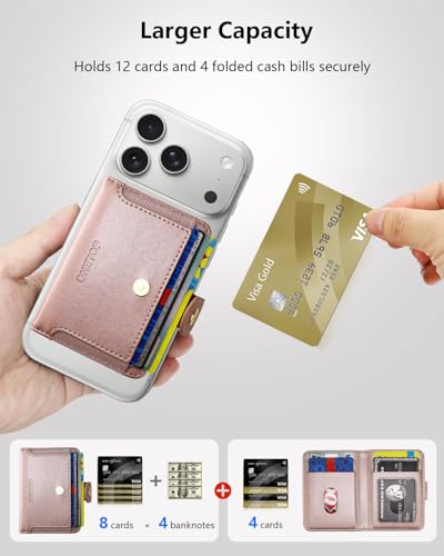 ONETOP for MagSafe Wallet,Magnetic Phone Wallet with 5 Card Slots,RoseGold | 1-12 Cards/Cash Holder for iPhone 17/16/15/14/13/12 Series,Detachable Wallet Stick-On Back,PU Leather RFID Blocking Kickstand - color: Rose Gold