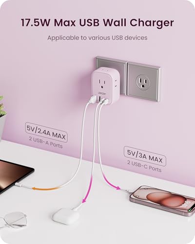 LENCENT Multi Plug Outlet Extender with USB C, Electrical Outlet Expander - color: Pink