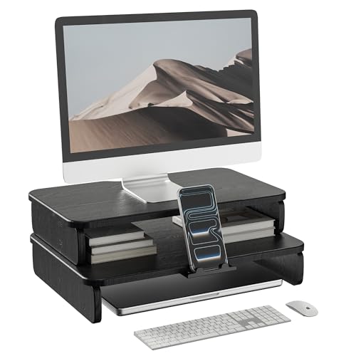Wooden Monitor Stand Riser with Hidden Phone Holder, Black