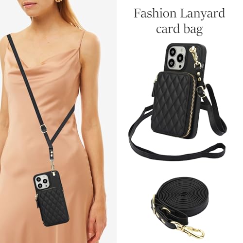 Phone Case for iPhone 14 Pro 6.1 inch Wallet Cell Cover with Tempered Glass Screen Protector Wrist Crossbody Strap RFID Blocking Card Holder iPhone14Pro 5G i i-Phone i14 iPhone14 4 14Pro Women Black - color: Black
