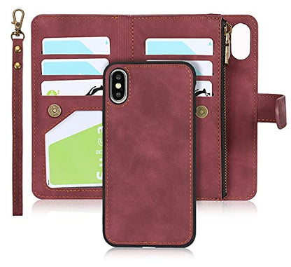 iCoverCase for iPhone X/XS Wallet Case with Card Holder and Wrist Strap, PU Leather Kickstand Card Slots Zipper Pocket Magnetic [Detachable] Flip Cover Case 5.8 Inch (Claret) - color: Claret
