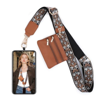 BARGIFTS Clip and Go Strap for Phone with Wallet Crossbody, Cell Phone Lanyard with Zippered Pouch, Adjustable Phone Strap Crossbody with Wallet - color: A-Brown