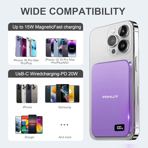 Magnetic Portable Charger 5000mAh, 15W Ultra Slim Wireless Portable Charger, Fast Charging for iPhone 17/16/15/14/13/12 Pro/Pro Max/Plus, Metal Shell, USB-C Cable to Charge Other Phones (Purple) - color: Purple