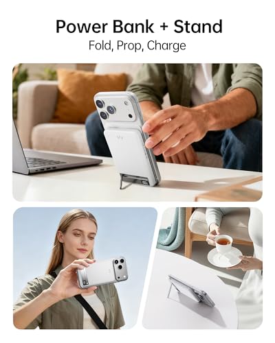 iWALK MagSafe-Compatible Magnetic Wireless Power Bank, 10000mAh Slim Portable Charger with 20W PD Fast Charging Cable, Metal Kickstand and LED Display, Compatible with iPhone 18/17/16/15/14/13/12 - color: White