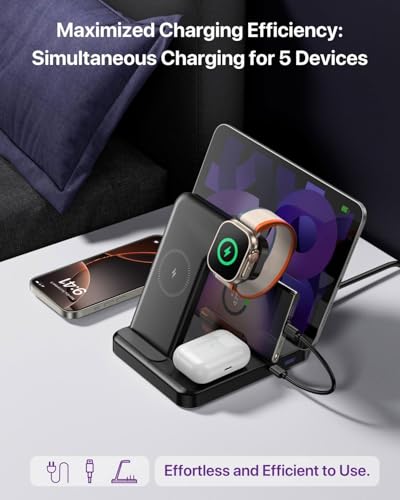 Multiple Devices Charging Station, 5-in-1 Charging Station for iPhone 17 Pro Max/Pro/16/15/14/13/12, iPad Pro/Air/Mini, Apple Watch and Airpods,Wireless Charging Dock(G805) (Pink) - color: Pink