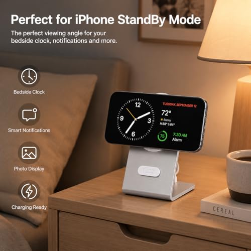 pzoz Magnetic Charger Stand for Apple MagSafe & Qi2 Charger, Aluminum Alloy Charging Dock with Cable Management for iPhone 17/16/15/14/13/12 Series, Standby Mode Desk Holder