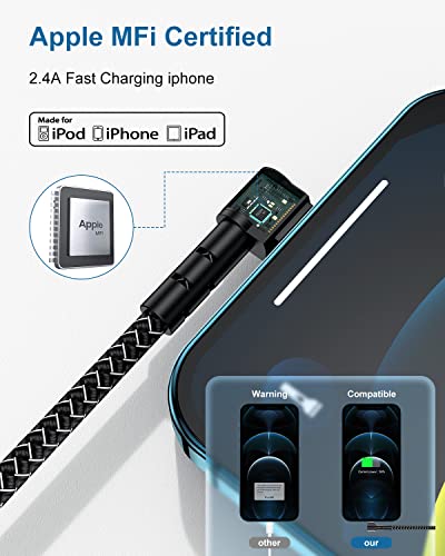 3Pack 90 Degree iPhone Charger 6ft, Nylon Right Angle 6 Foot Apple iPhone Charging Cable, Apple MFi Certified 6 Feet Lightning Cord Long for Apple iPhone 14 Pro Max/13 Pro/12/11/11Pro/11Max/XS/XR/8