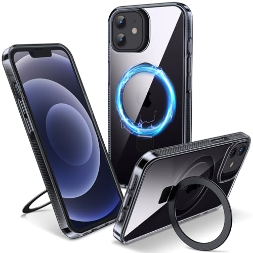 Magnetic Case for iPhone 12/12 Pro - [Built-in Invisible Stand] [Compatible with MagSafe] [Military Grade Drop Protection] Anti-Yellowing Hard Back Silicone Edge Cover, 6.1", Clear Black - color: Clear Black, size: iPhone 12/12 Pro 6.1''