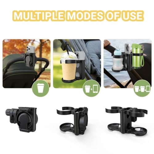 ZealSound Stroller Cup Holder, 3-in-1 Bottle Holder with Phone Holders for Stroller Wheelchair Scooter Walker Bike, Foldable Universal Drink Holder for Uppababy Bugaboo Nuna Doona