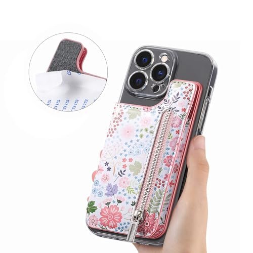 Stick on Wallet for Phone Case, Credit Adhesive Card Holder for Back of Phone Cases Flip Leather Zipper Flower Wallet Sleeve Compatible with iPhone, Samsung Galaxy Most Smartphones Pink - color: Flower Pink