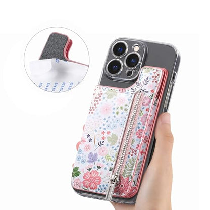 Stick on Wallet for Phone Case, Credit Adhesive Card Holder for Back of Phone Cases Flip Leather Zipper Flower Wallet Sleeve Compatible with iPhone, Samsung Galaxy Most Smartphones Pink - color: Flower Pink