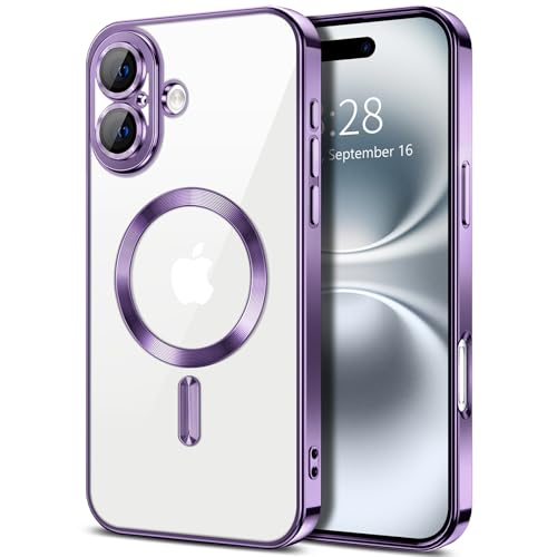 Hython Magnetic Clear for iPhone 16 Case with Camera Lens Protector [Compatible with MagSafe] Luxury Plating Edge Slim Soft TPU Cover Protective Phone Case for iPhone 16 6.1", Deep Purple - color: Deep Purple, size: Iphone 16 - 6.1 Inch
